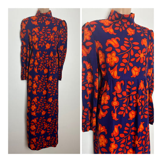 Vintage Late 1960s PETER ROBINSON Size 10 Blue & Orange Floral Print Long Sleeve Maxi Dress