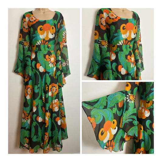 Vintage 1970s UK Size 14 Gorgeous Black Green & Orange Bold Floral Print Flared Sleeve Boho Maxi Dress