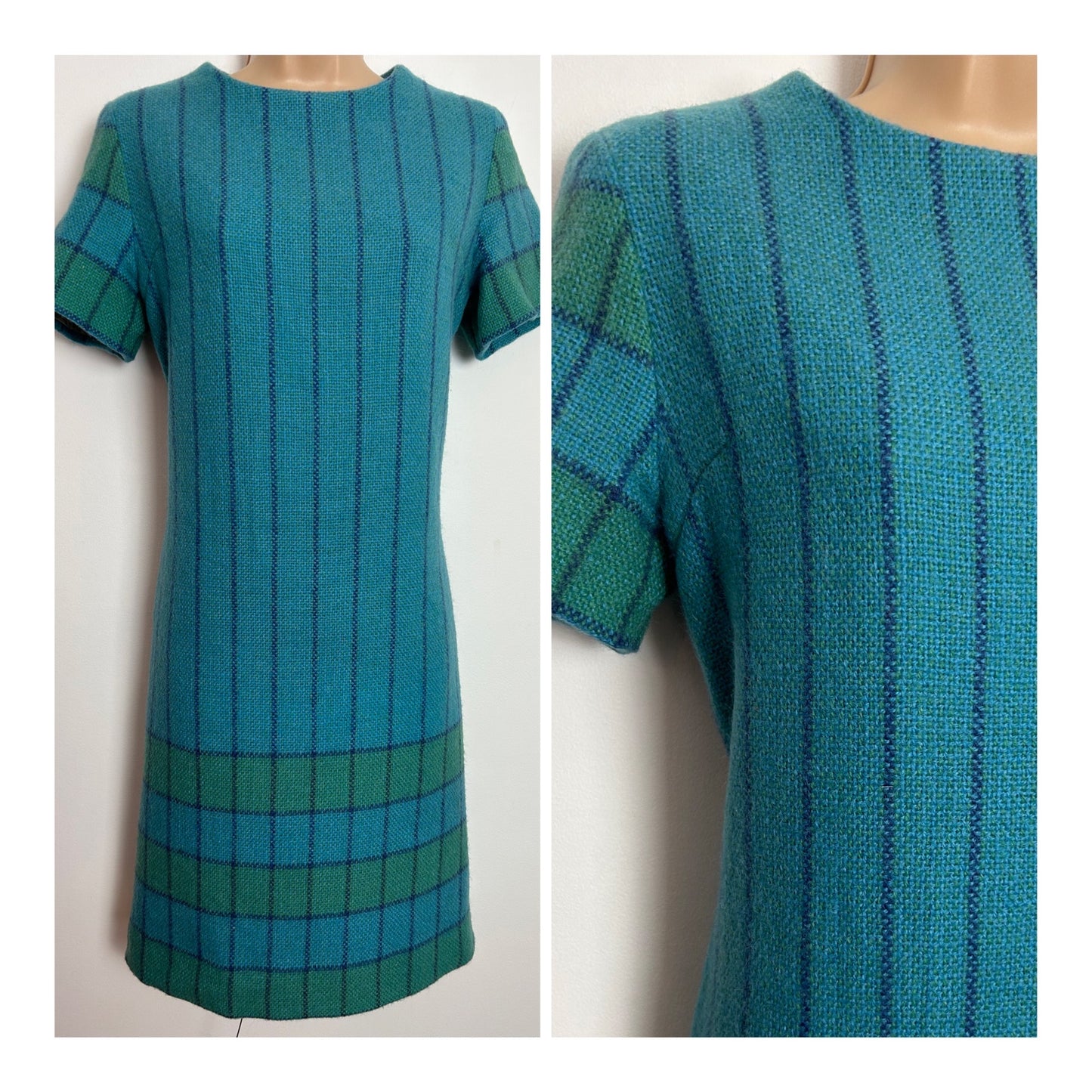 Vintage 1960s UK Size 10 Swedish JOHNSONS HEMSLOJD Blue & Green Stripe Check Pure New Wool Shift Dress