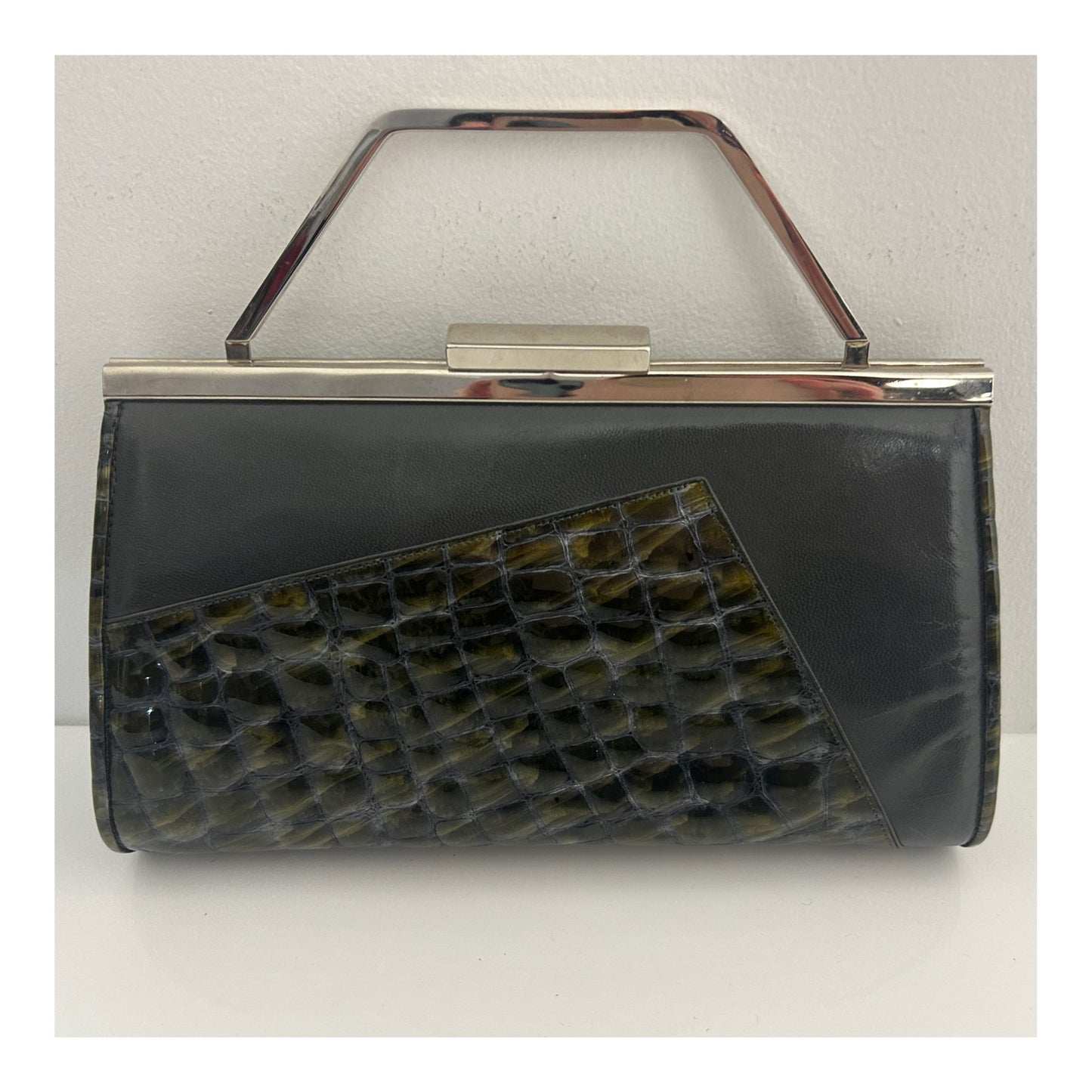 Vintage Early 1980s RENATA. Italy Grey & Dark Green Tones Mock Reptile Panel Clutch Or Shoulder Bag