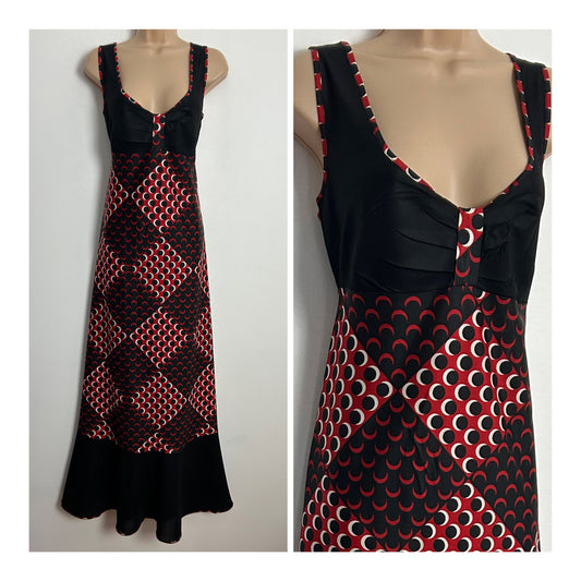 Vintage 1970s UK Size 10 Black Dark Red & White Half Moon & Circle Print Sleeveless Maxi Dress