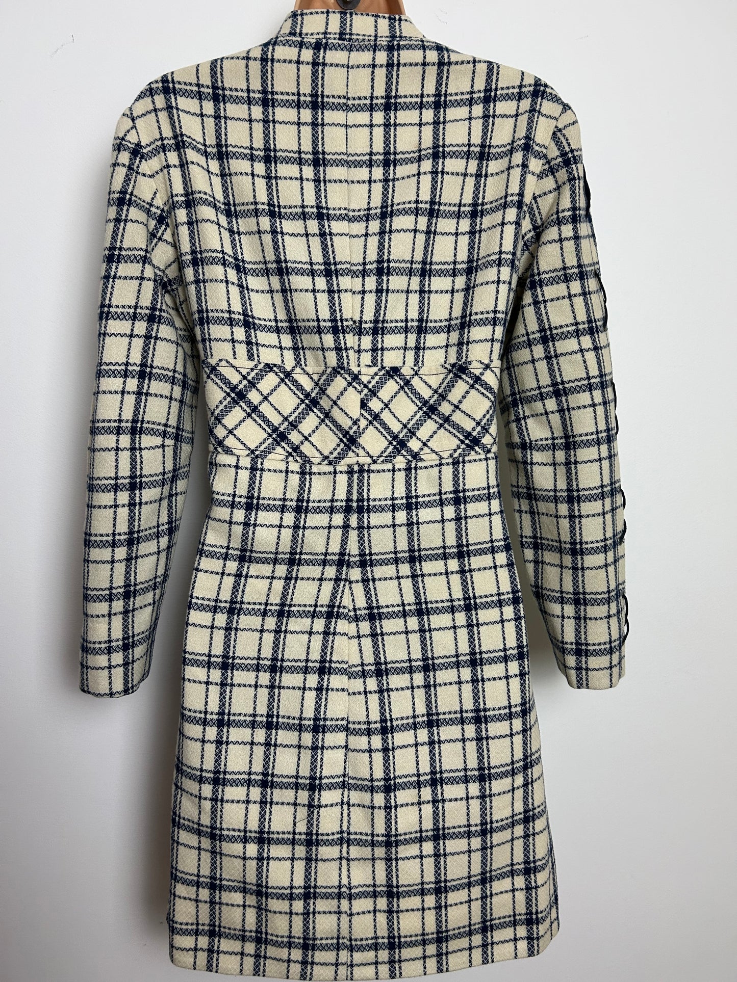 Vintage 1960s Size 8 Cream & Blue Check Pattern Wool Long Sleeve Lace Up Detail Mod Dress