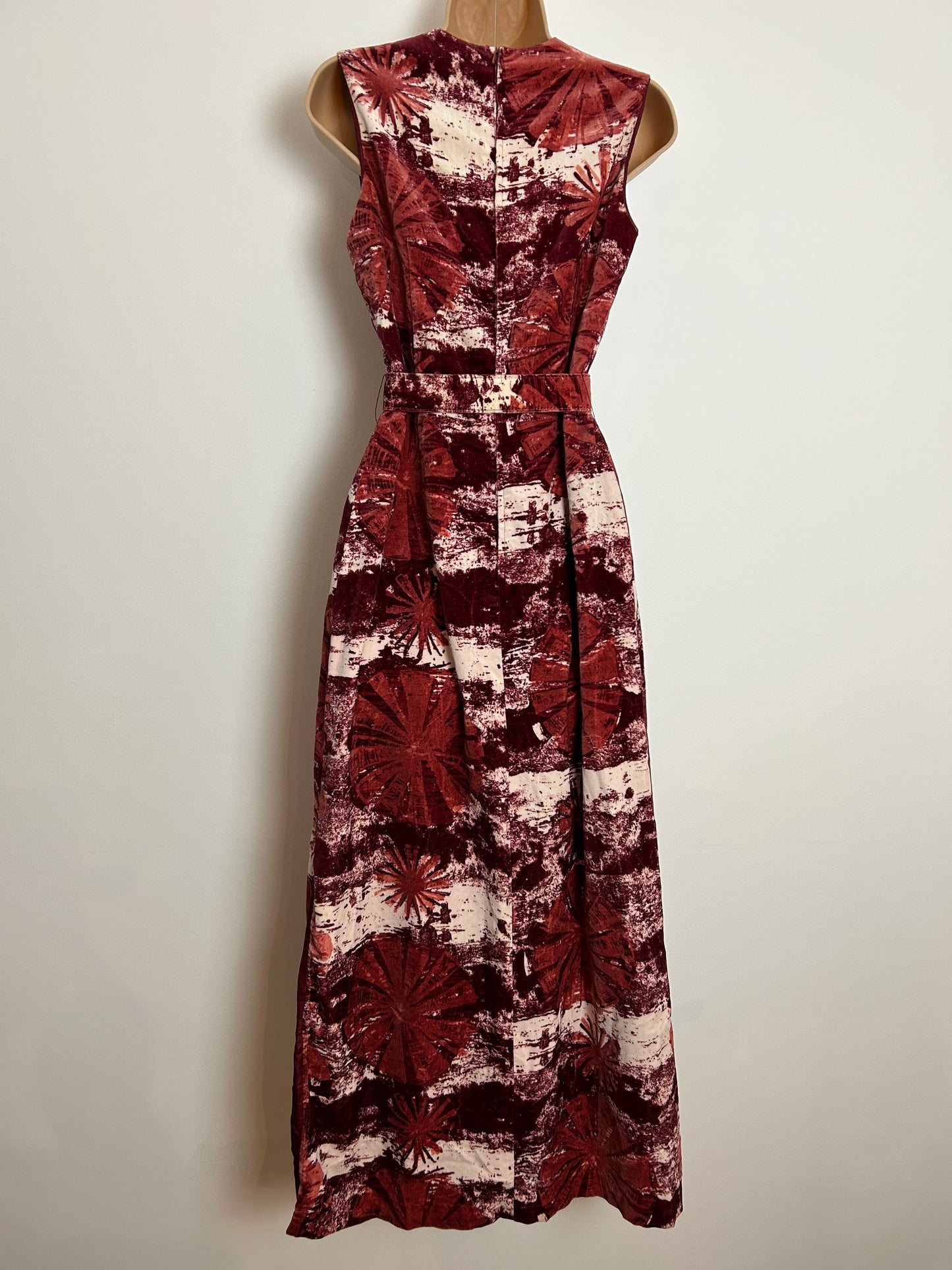 Vintage 1970s UK Size 8 Velvet Velour Brick Red Tones Abstract Print Sleeveless Belted Boho Maxi Dress