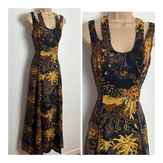 Vintage 1970s CLERALINE Size 8 Black & Brown Floral Print Cut Out Detail Maxi Dress