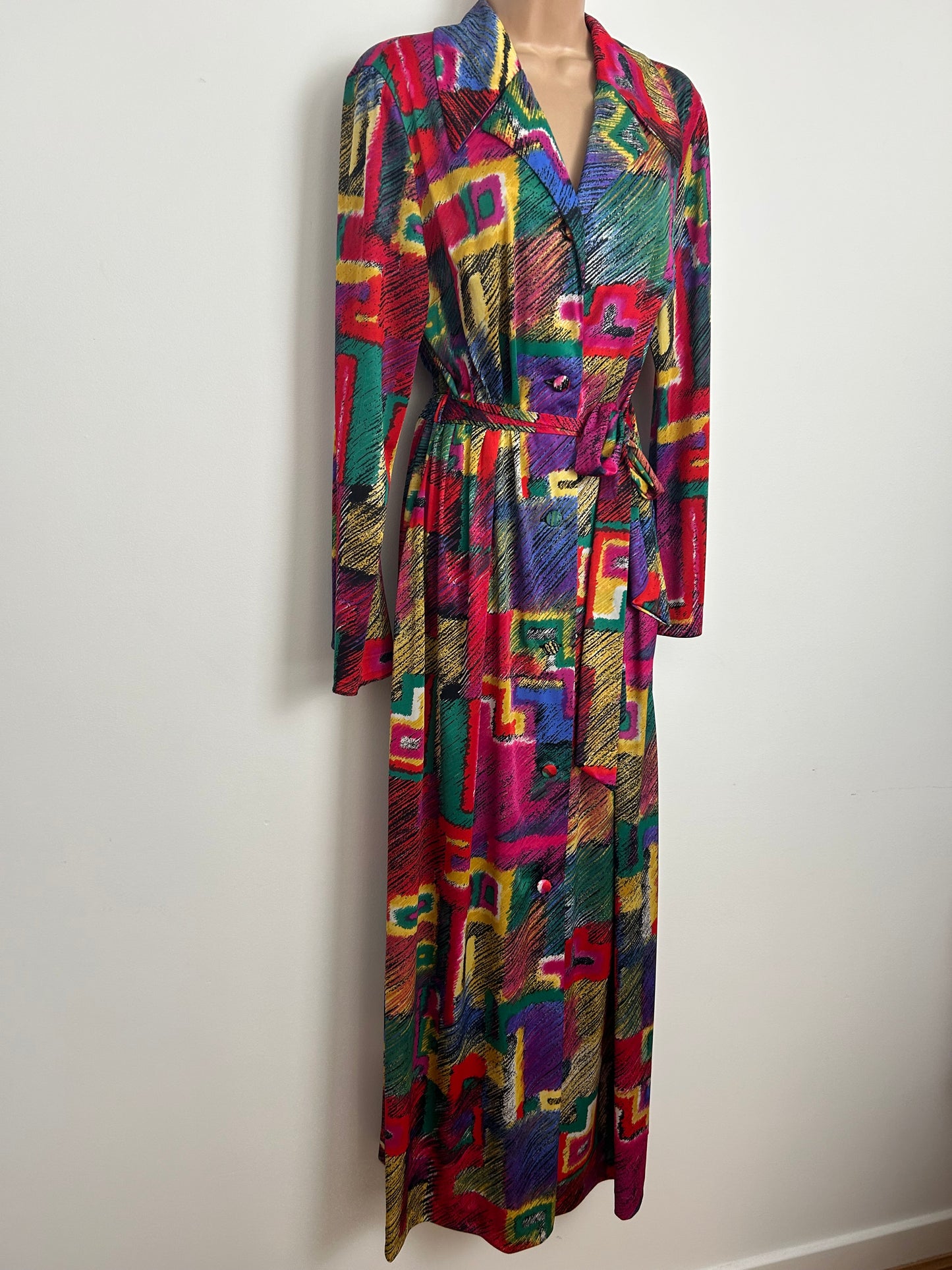Vintage 1970s POMPADOUR Size 14-16 Multicolour Abstract Geo Square Print Dagger Collar Belted Maxi Dress