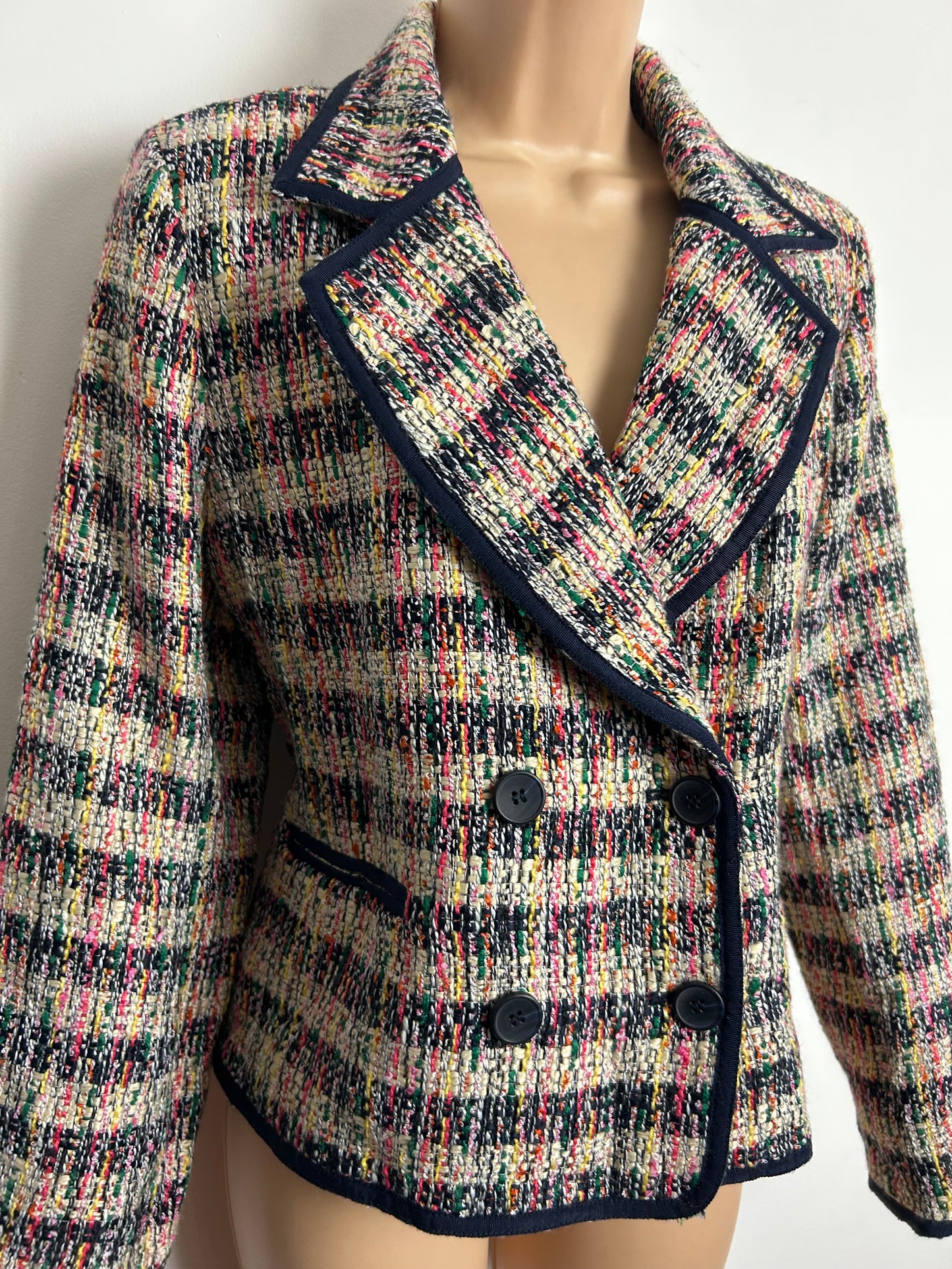 Vintage 1990s TALBOTS PETITE Size 12-14 Black Beige Green & Pink Tweed Double Breast Blazer