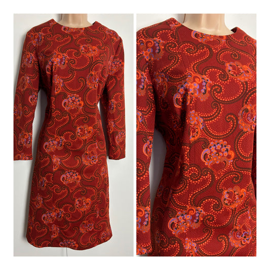 Vintage 1960s UK Size 16 Dark Orange Tones Nouveau Floral Print Long Sleeve Mod Shift Dress