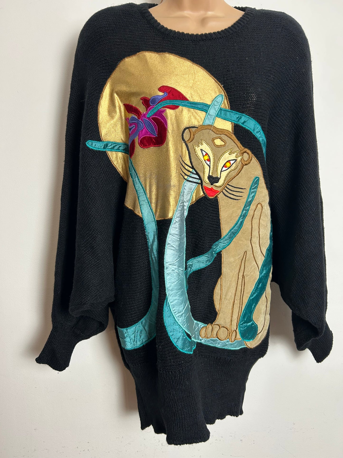 Vintage 1980s BONNIE BOERER PRET Size L (Up To 14/16) Black Large Applique Puma Bat Wing Jumper