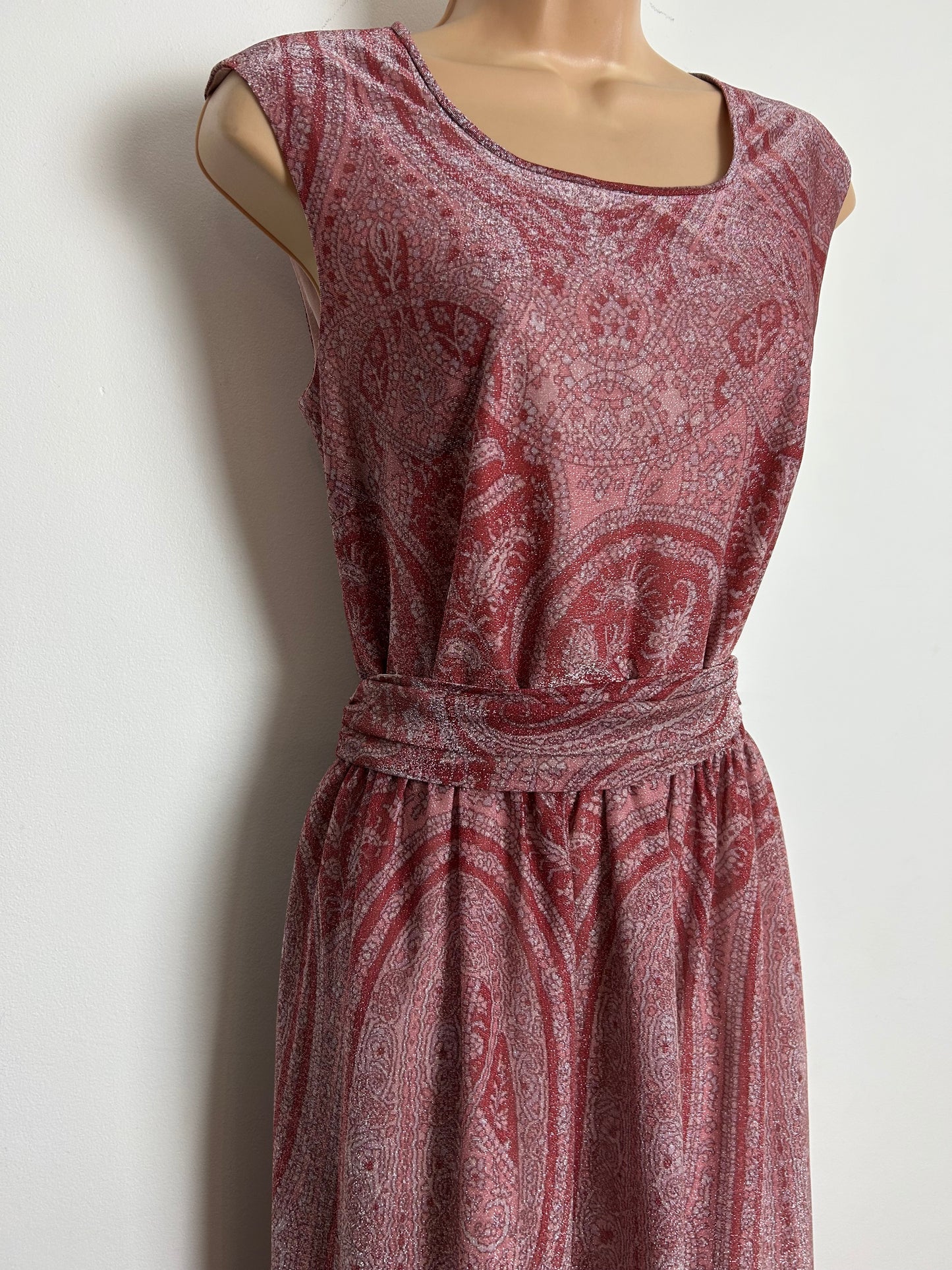 Vintage 1970s VERENA Size 10-12 Beautiful Dark Pink Tones Lurex Belted Evening Maxi Dress