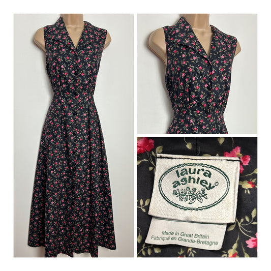 Vintage 1980s LAURA ASHLEY Size 10 (Size 12 On Label) Black & Pink Floral Print Sleeveless Cotton Midi Dress