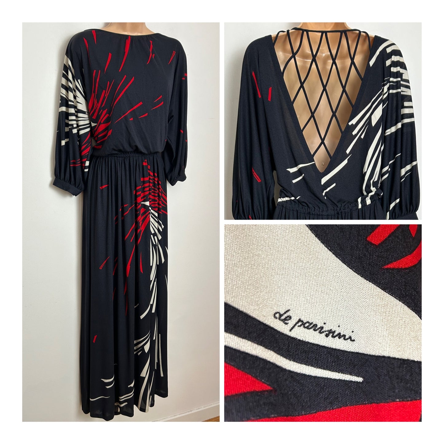 Vintage Late 1970s Rare DE PARISINI Size 12-14 Black White & Red Abstract Stripe Print Signed Silk Jersey Maxi Dress