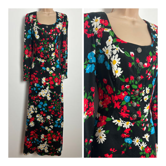 Vintage 1970s Size 10 Black Red Blue & White Floral Print Long Sleeve Maxi Dress