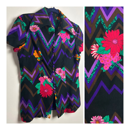 Vintage 1970s Size 12 Black Pink Purple & Green Floral & Zig Zag Stripe Print Beagle Collar Shirt
