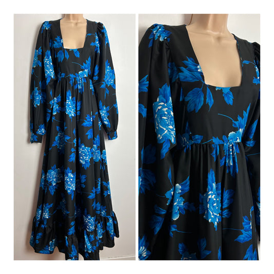 Vintage 1970s Size 8-10 Black & Blue Bold Floral Print Long Balloon Sleeve Empire Line Boho Maxi Dress