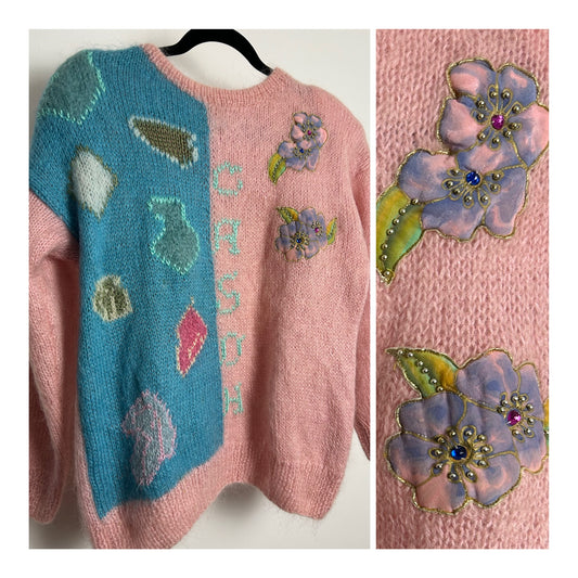 Vintage 1980s Up To Size 16 Pink & Blue Floral Applique Mohair Mix Jumper