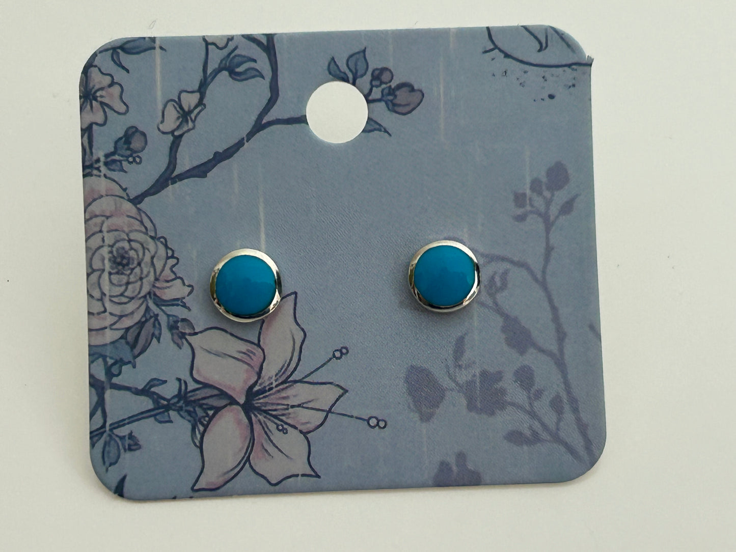 Vintage Silver Tone & Turquoise Enamel Round Earrings