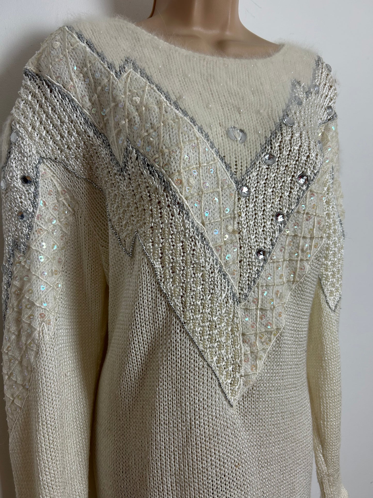 Vintage 1980s Up To Size 18-20 Winter White Sequin & Jewel Detail Winter Jumper