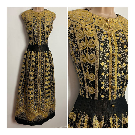 Vintage 1970s DWEIGLER MODELL UK Size 10 Stunning Black & Metallic Gold Brocade Christmas Evening Maxi Dress