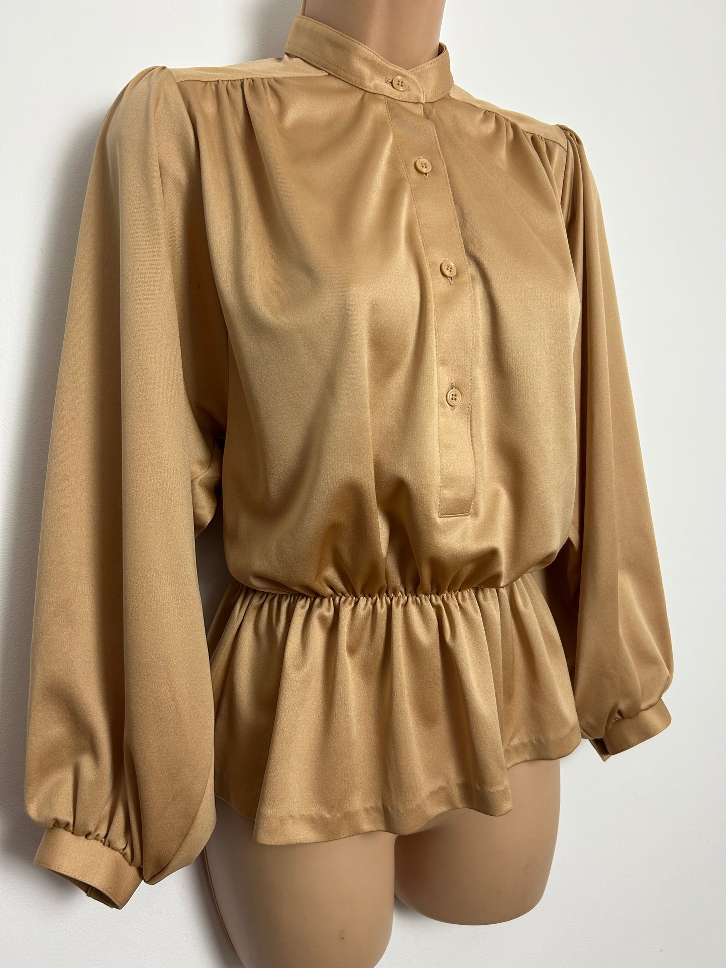 Vintage Early 1980s Size 12-14 Gold Long Sleeve Peplum Style Blouse