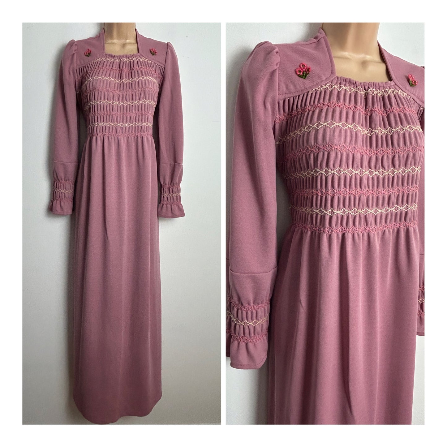 Vintage 1970s UK Size 12 Dusky Pink Shirred Bodice Long Sleeve Tie Back Maxi Dress