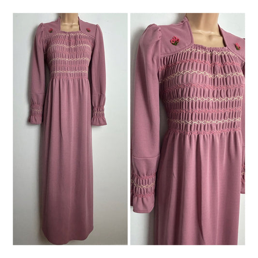 Vintage 1970s UK Size 12 Dusky Pink Shirred Bodice Long Sleeve Tie Back Maxi Dress
