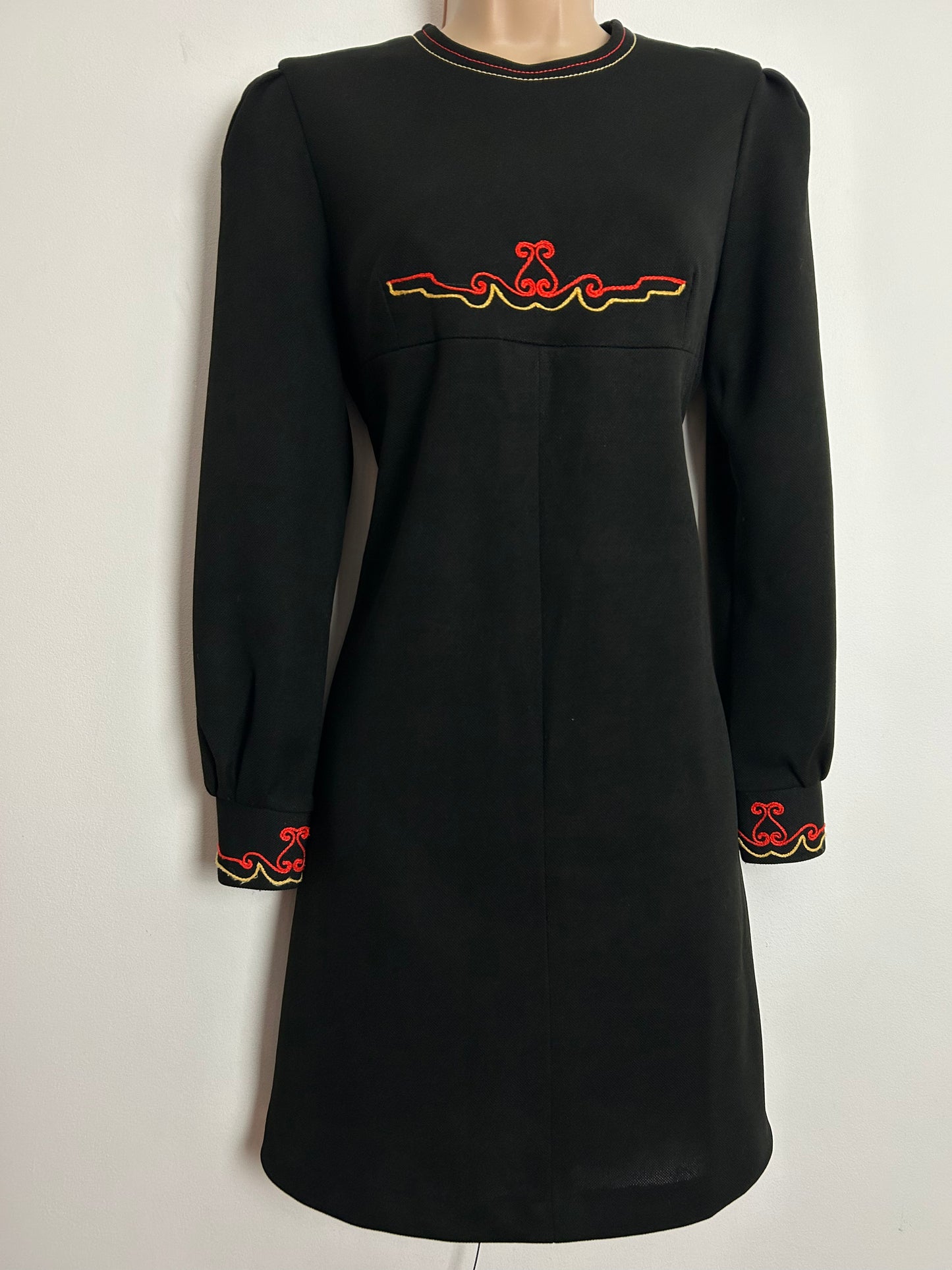 Vintage 1960s UK Size 12 MOD Black Red & Gold Trim Long Sleeve Mini Shift Dress