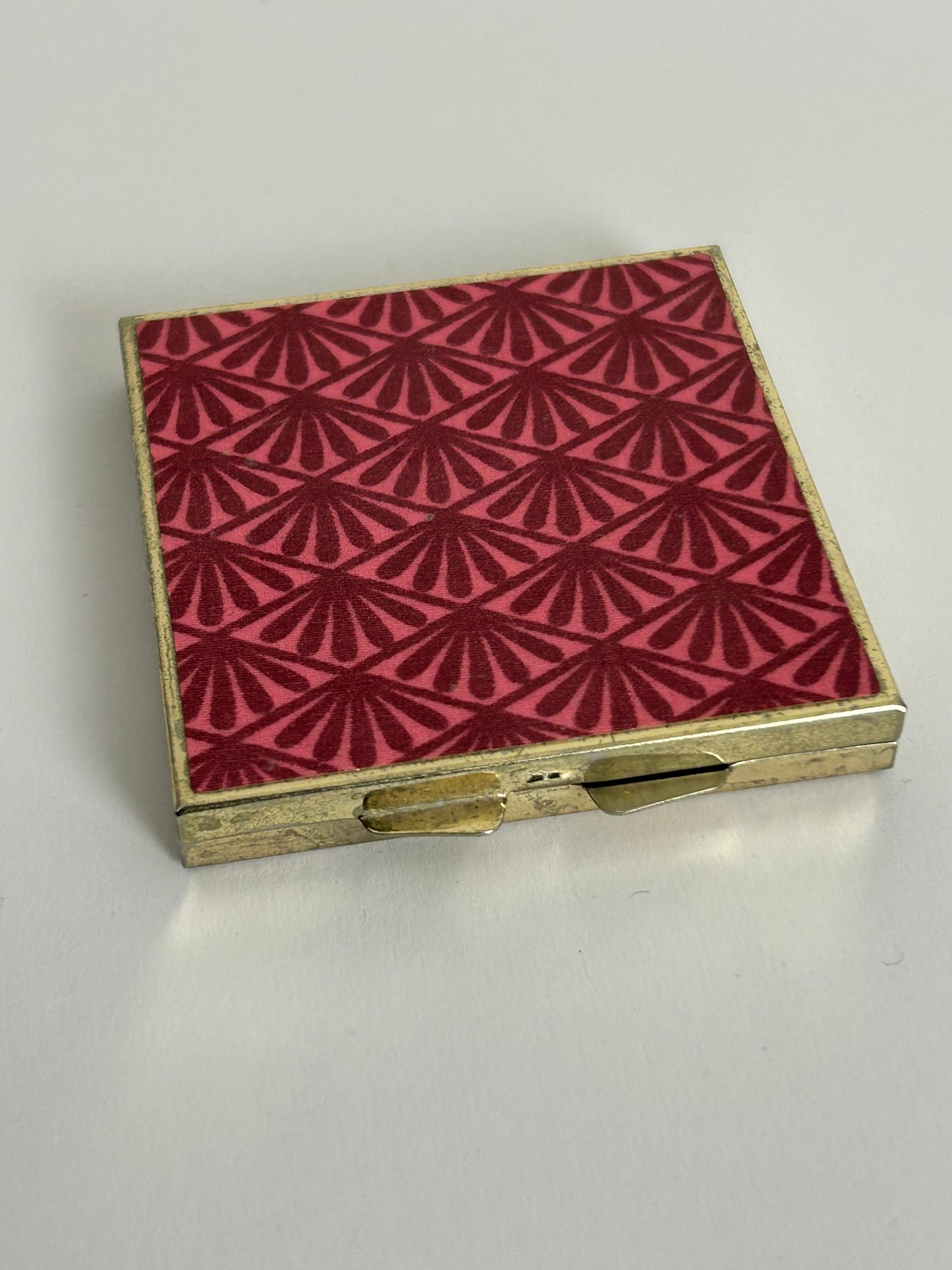 Vintage Silver Tone Base Metal Pink Deco Pattern Square Compact Mirror