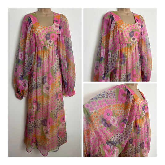 Vintage 1960s Size 8-10 Pink Purple & Orange Floral Print Flouncy Balloon Sleeve Empire Line Nylon Maxi Dress