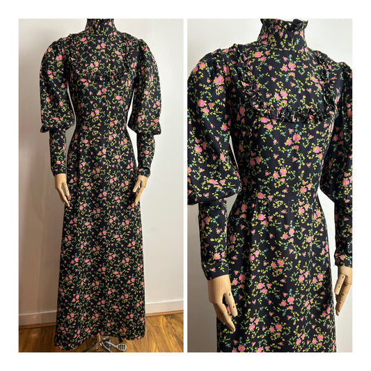 Vintage 1970s UK 10 Black Pink & Green Floral Print Ruffle Trim Long Sleeve Cotton Prairie Maxi Dress