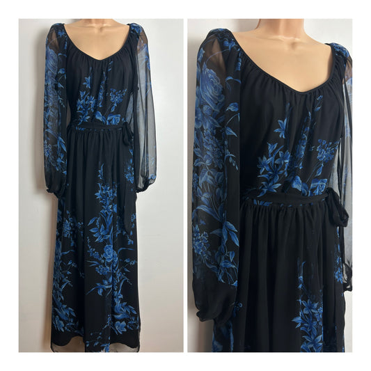 Vintage 1970s Size 12 Black & Blue Floral Print Chiffon Long Sleeve Belted Maxi Dress