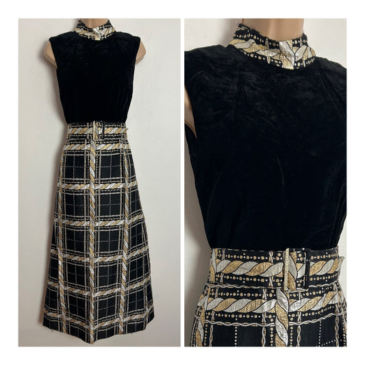 Vintage 1960s UK Size 8 Black Gold & Silver Velvet & Metallic Brocade Check Pattern Sleeveless Belted Occasion Evening Maxi Dress