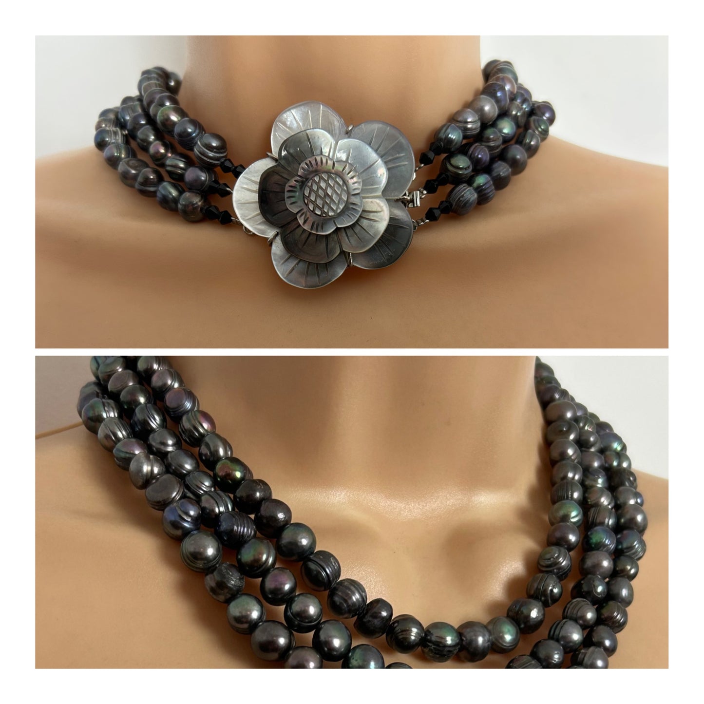 Beautiful Black Real Freshwater Baroque Pearl Multistrand Necklace With Mother Of Pearl Flower Clasp