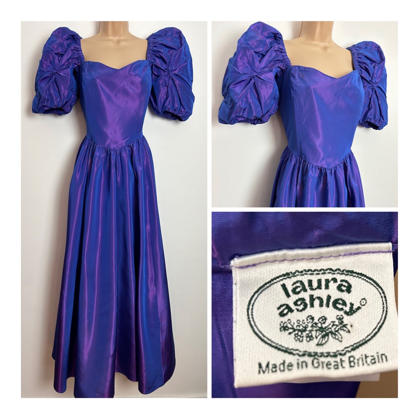 Vintage 1980s LAURA ASHLEY UK Size 10-12 (16 On Label) Purple Pink Iridescent Puff Sleeve Occasion Party Ballgown