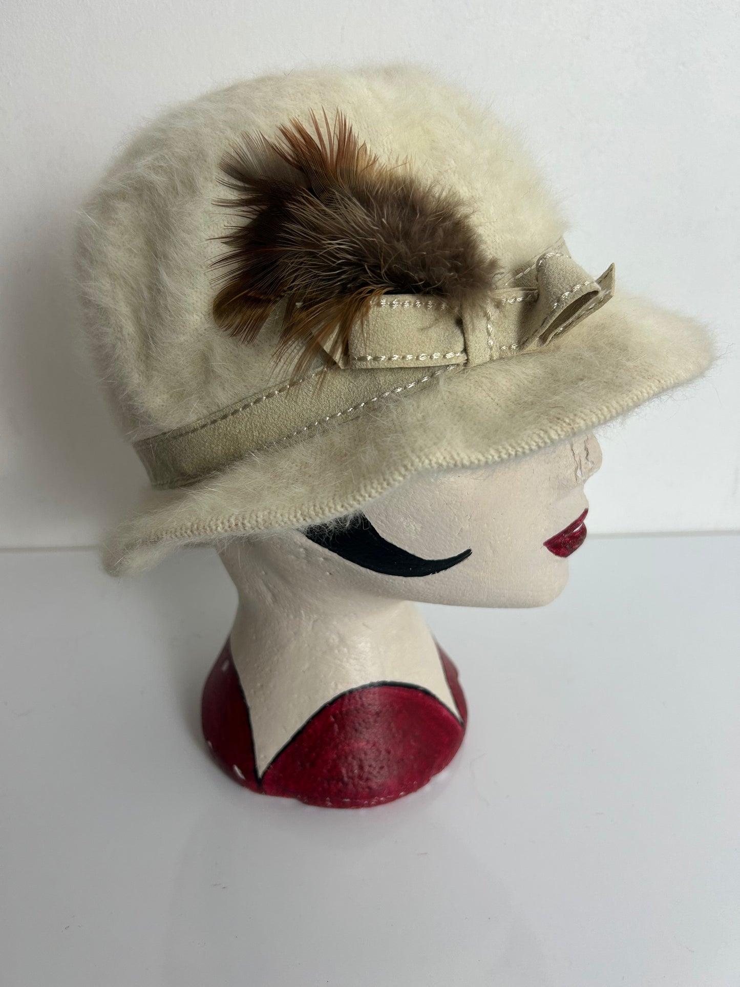 Vintage 1970s Austrian Cream Super Soft Angora Mix Braid & Feather Trim Hat