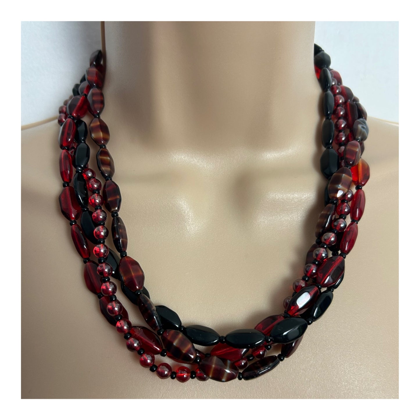 Vintage 1960s Dark Red & Black Glass Multistrand Necklace