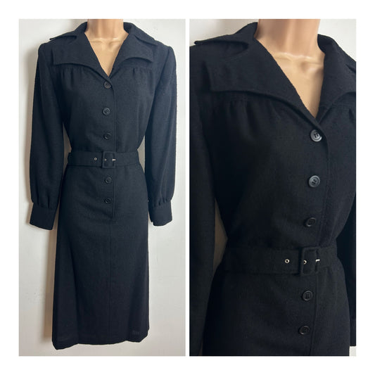 Vintage 1970's RADTKE Size 12 Black Feature Collar Belted Day Dress