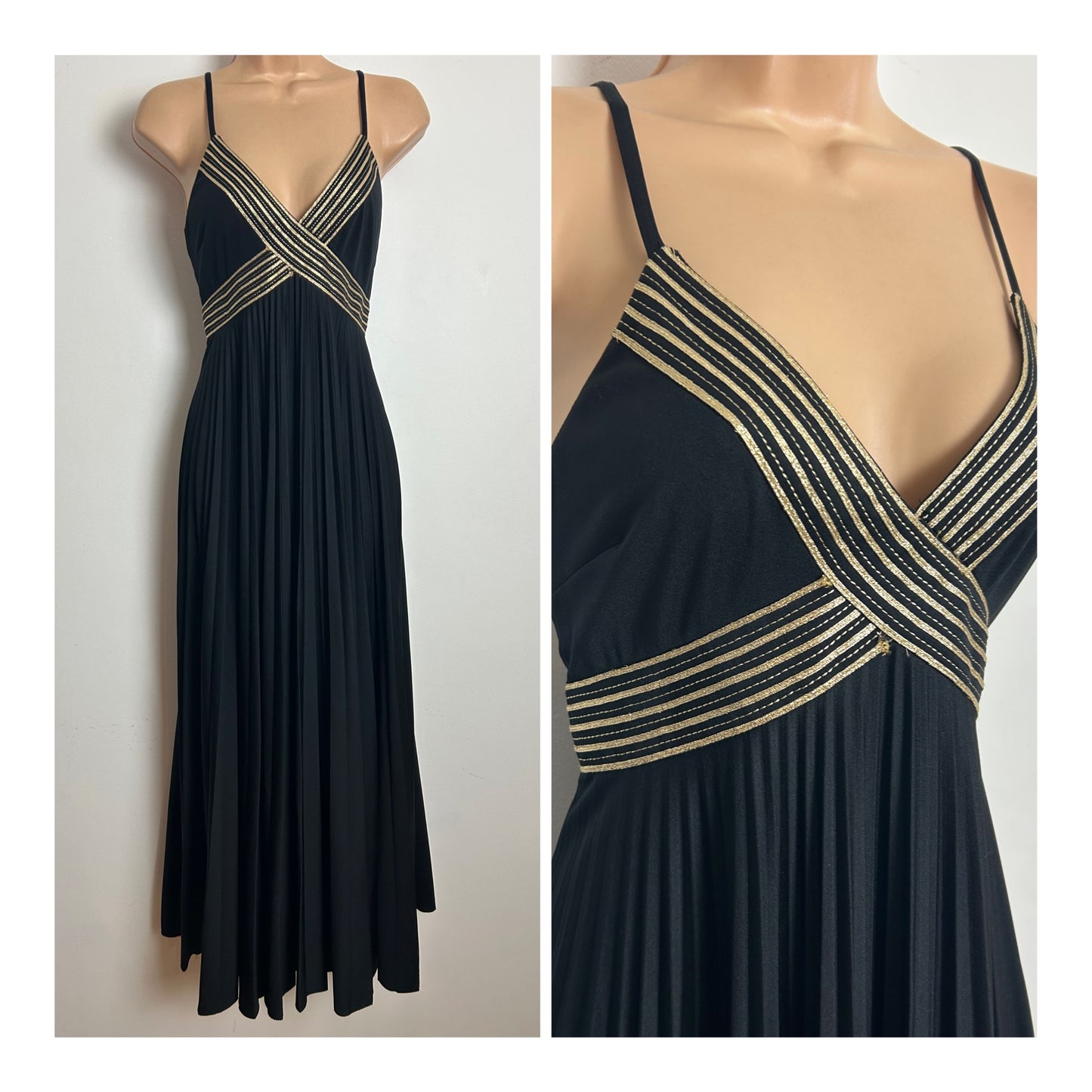 Vintage 1970s YVETTE Size 6-8 Black & Gold Braid Trim Pleated Empire Line Evening Maxi Dress