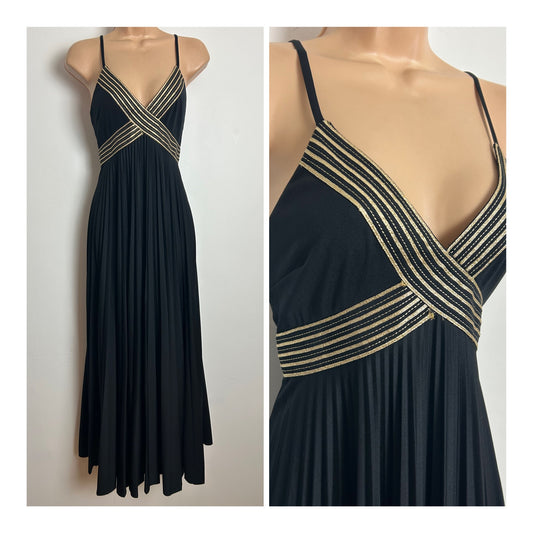 Vintage 1970s YVETTE Size 6-8 Black & Gold Braid Trim Pleated Empire Line Evening Maxi Dress