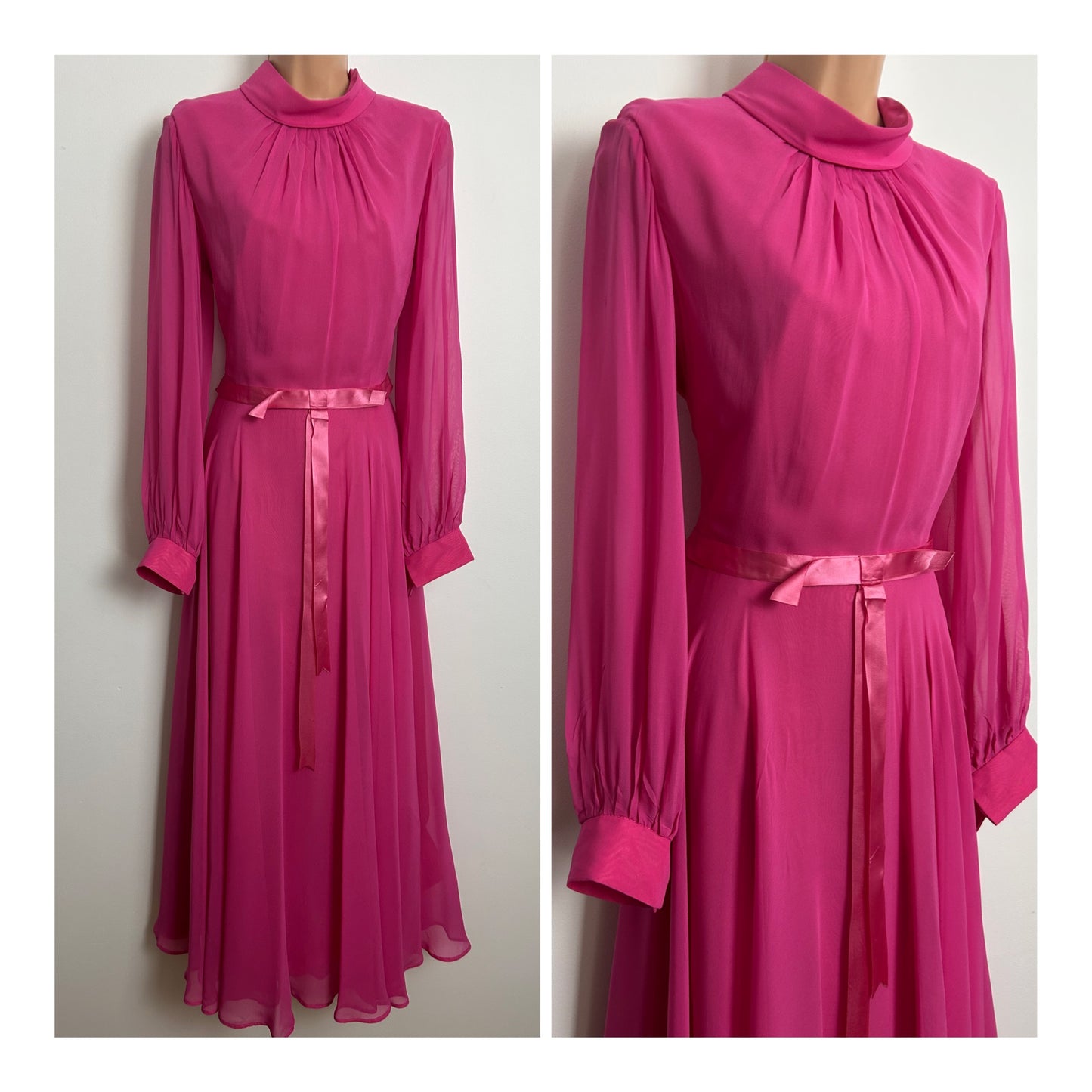 Vintage 1960s PETERSON MAID Size 10 Candy Pink Chiffon Long Sleeve Occasion Maxi Dress
