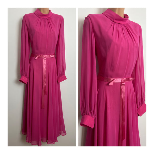 Vintage 1960s PETERSON MAID Size 10 Candy Pink Chiffon Long Sleeve Occasion Maxi Dress