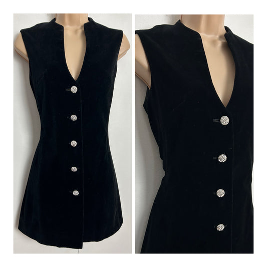 Vintage 1960s UK Size 8-10 Black Velvet Sleeveless Diamante Button Mini Mod Shift Dress