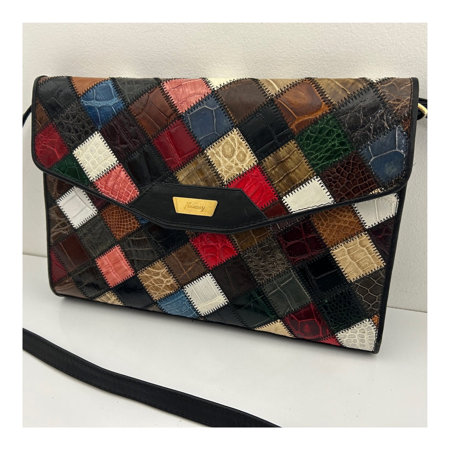 Vintage 1980s Black & Multicolour Patchwork Effect Shoulder Bag