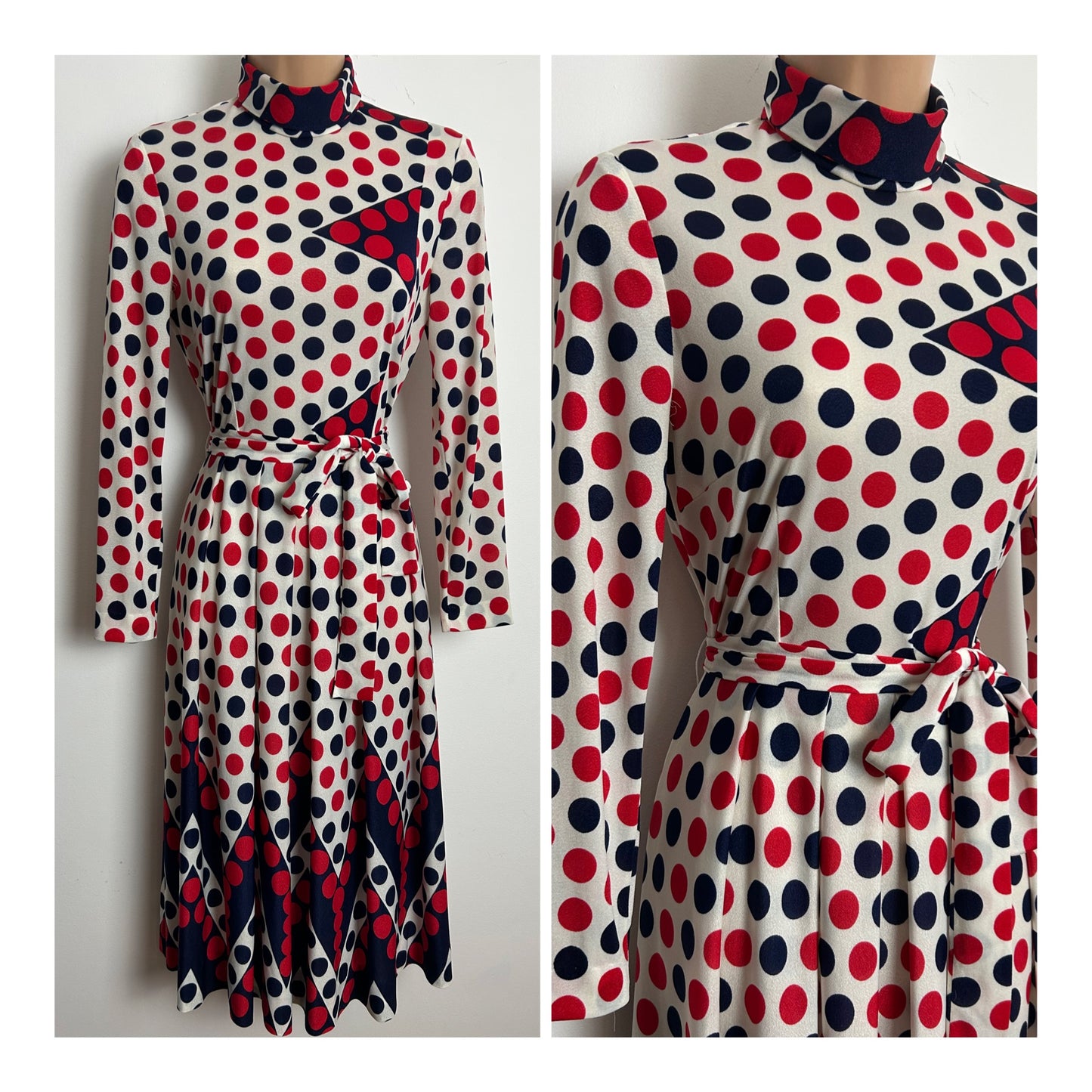 Vintage 1970s Designer CARL OLSEN Size 8 White Red & Navy Blue Spot Print Belted Pleated Day Dress