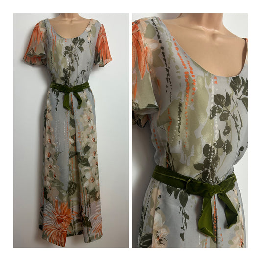 Vintage 1970s ELVI COUTURE Size 16 Grey Green & Orange Floral Chiffon Flutter Sleeve Boho Maxi Dress