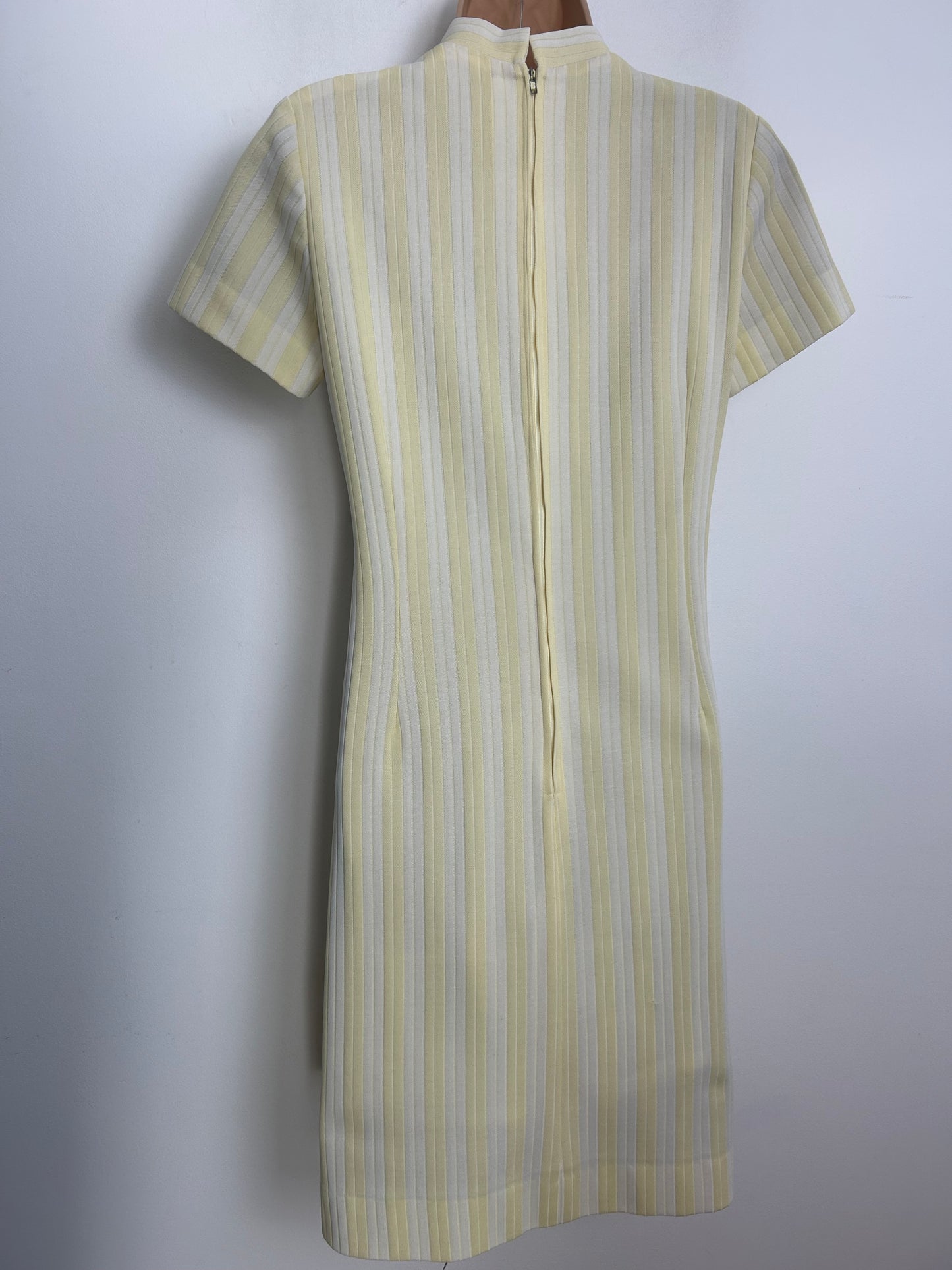 Vintage 1960s RODNEY DRESSES Size 12 Lemon & White Stripe Print Crimplene Mod Shift Dress