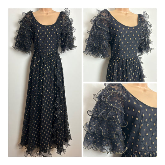 Vintage Late 1970s JOHN CHARLES Size 8 Black & Gold Spot Pattern Ruffle Sleeve Evening Maxi Dress