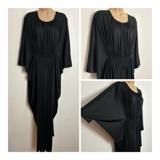 Vintage 1970s UZANEL UK Size 14-16 Black Draped Wide Cuffed Sleeve Occasion Evening Maxi Dress