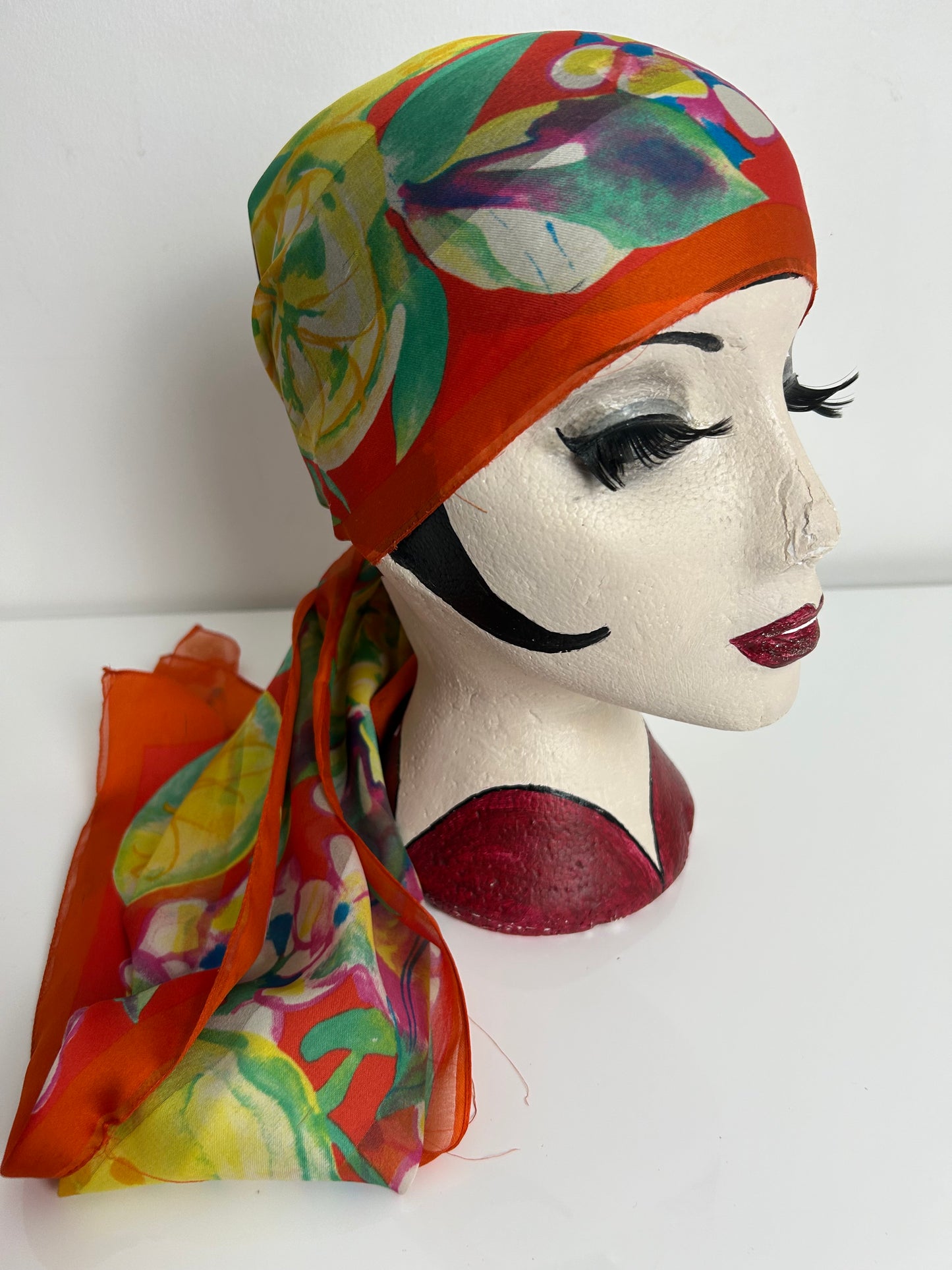 Vintage C&A Orange Yellow & Green Floral & Lemons Print Long Chiffon Scarf 154cm x 41cm