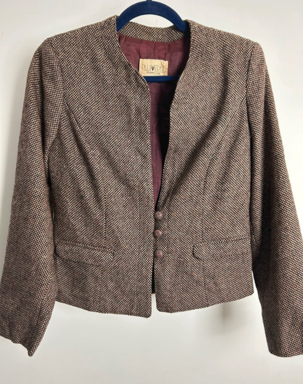 Vintage 1980s PLUM TREE CANADA Size 10 Brown Tweed Wool Mix Collarless Blazer