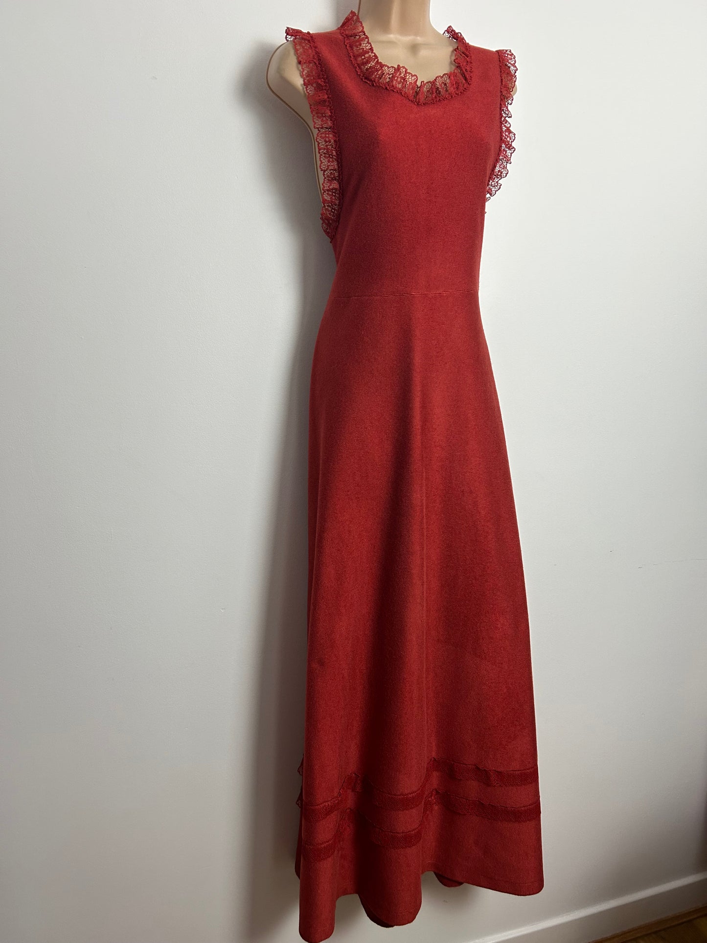 Vintage 1970s ST MICHAEL Size 10 Terracotta Lace Trim Open Side Maxi Dress